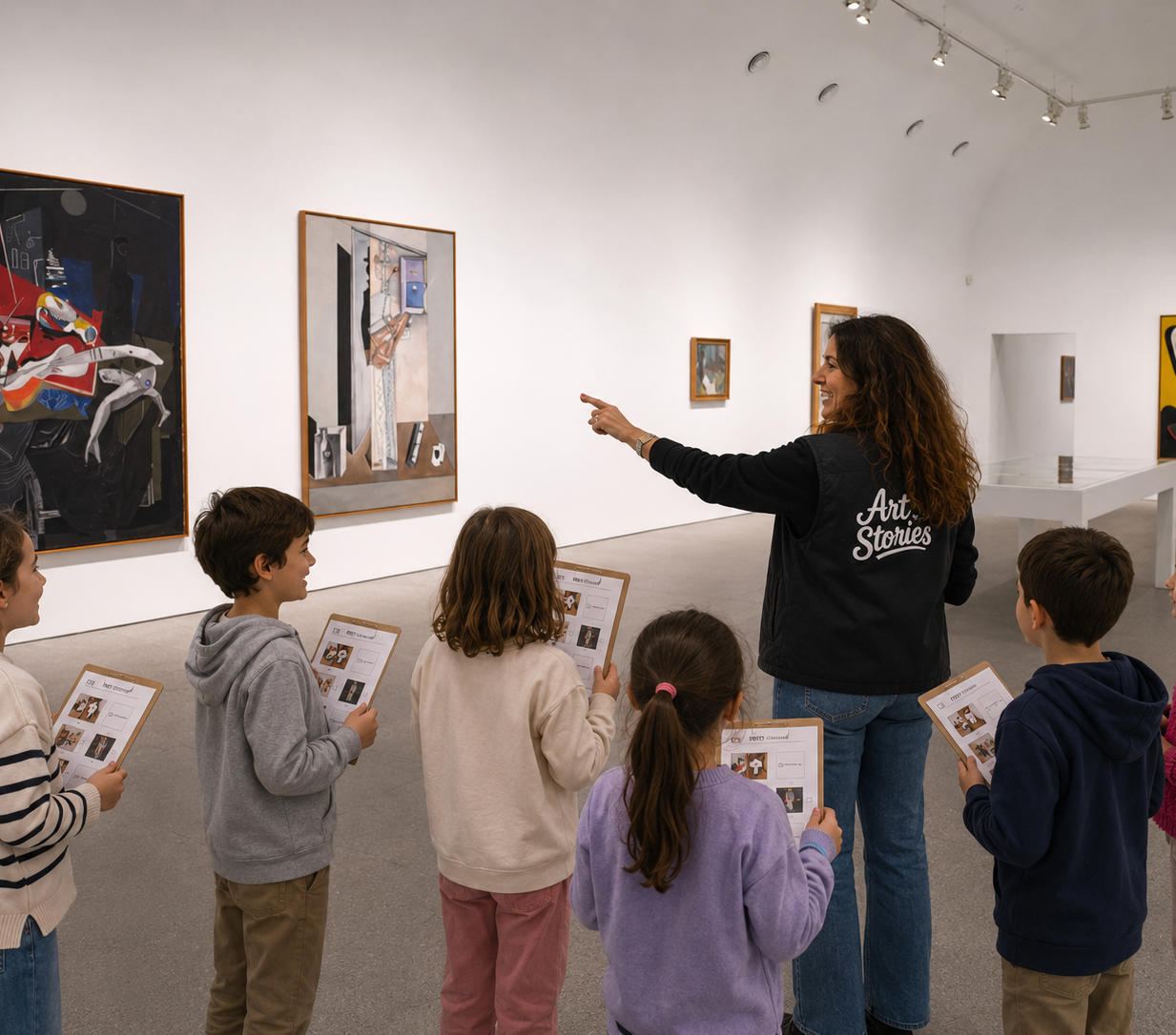 Guia de Art Stories en una visita al Museo Reina Sofia con varios niños